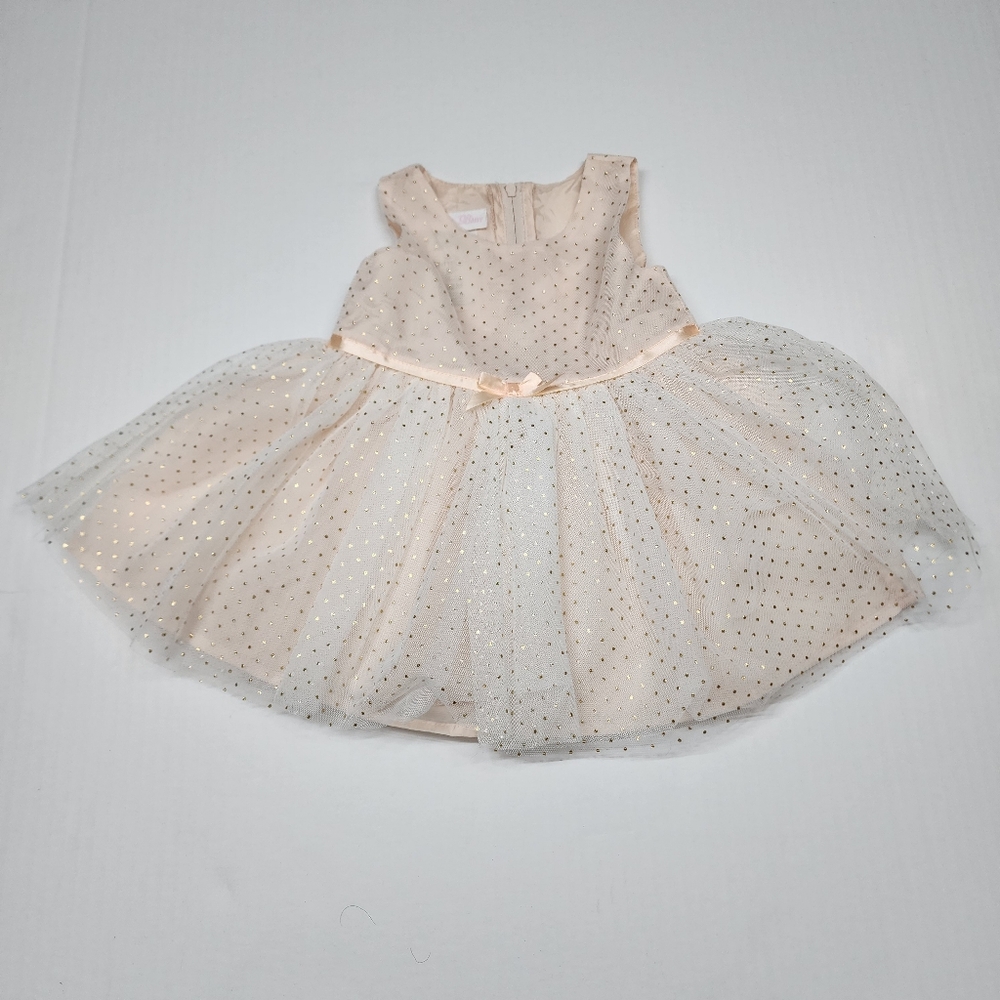 Bonnie Baby Girls Dress Sz 12 M Pink Tulle Gold Polka Dot W/ Bow Easter Party